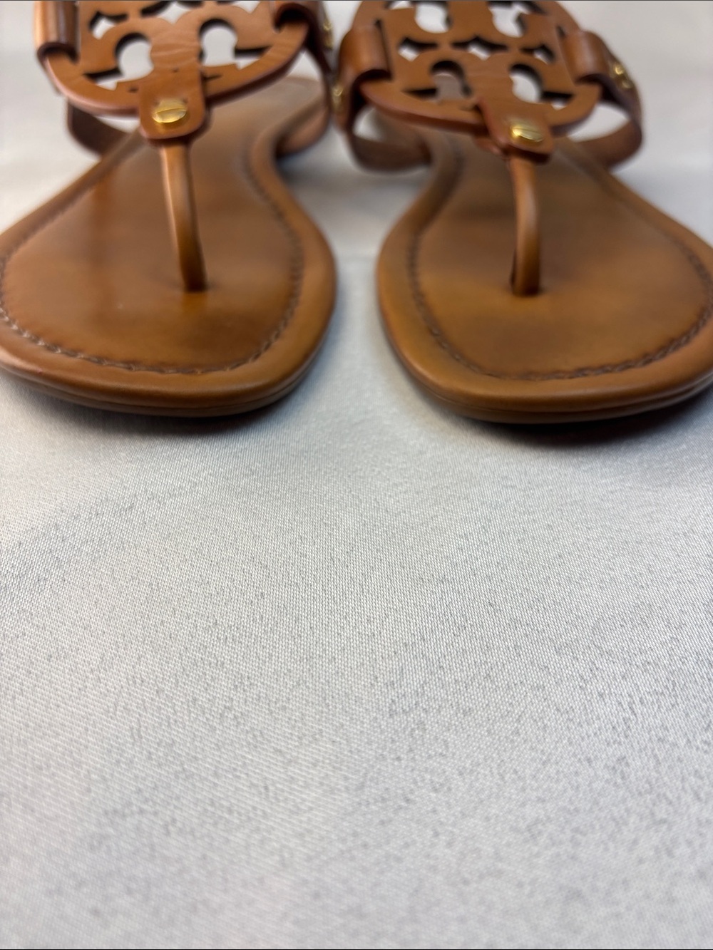 Tory Burch Miller Leather Logo Thong Sandals in Cognac Brown with Gold Accents - Picture 3 of 10